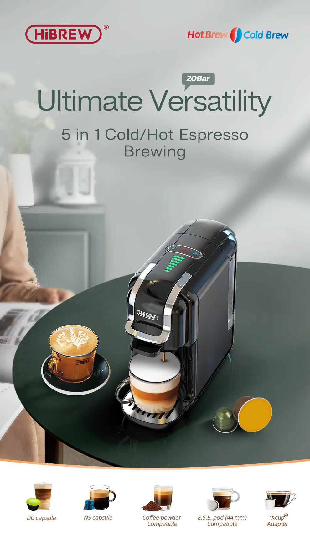 HiBREW Multiple Capsule Coffee Machine, Hot/Cold Dolce Gusto Milk Nespresso Capsule ESE Pod Ground Coffee Cafeteria 20Bar 5 in 1